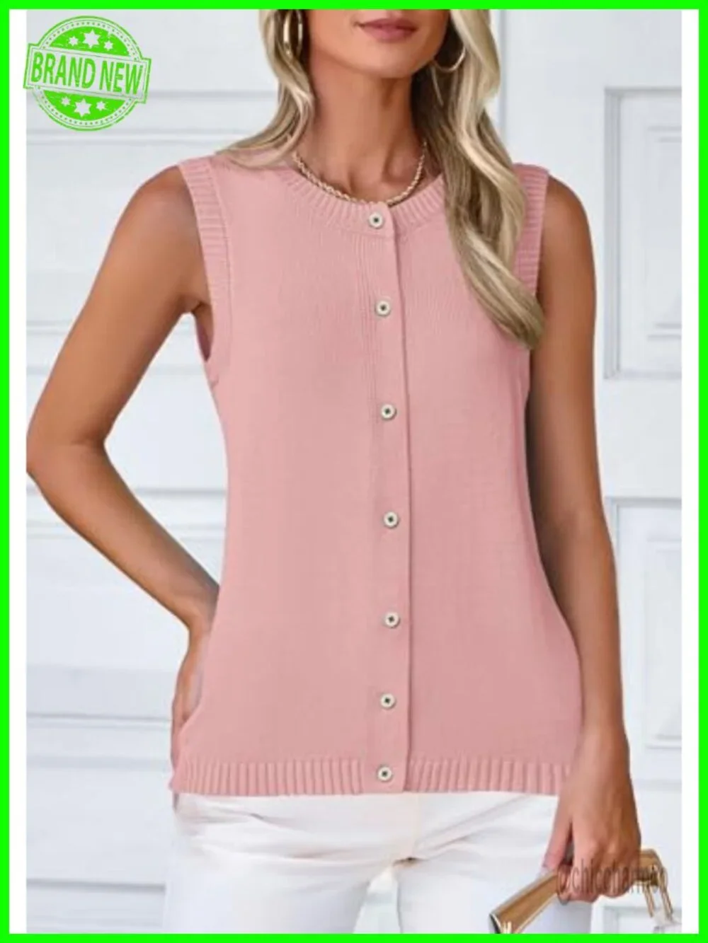 Lightweight Sleeveless Button Up Knit Vest Top for Women